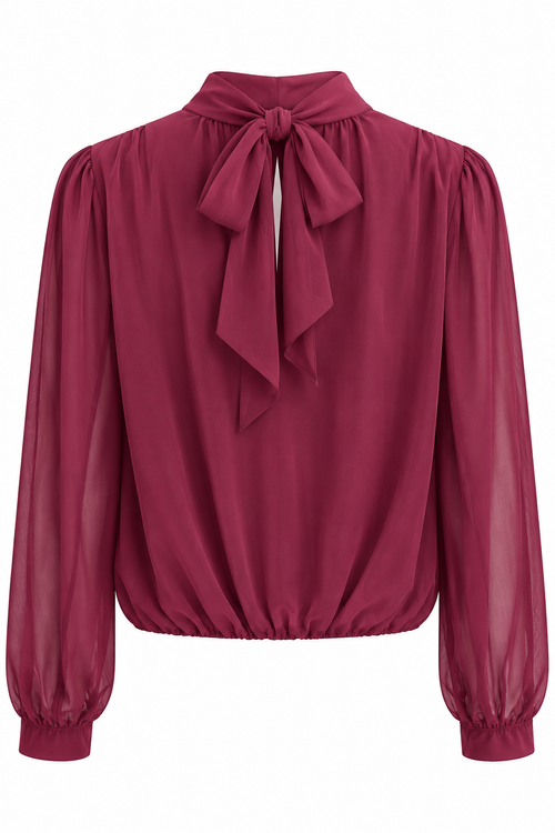 Blusa de cuello alto con delantero cruzado — granate-espalda