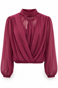 Blusa de cuello alto con delantero cruzado — granate-frente