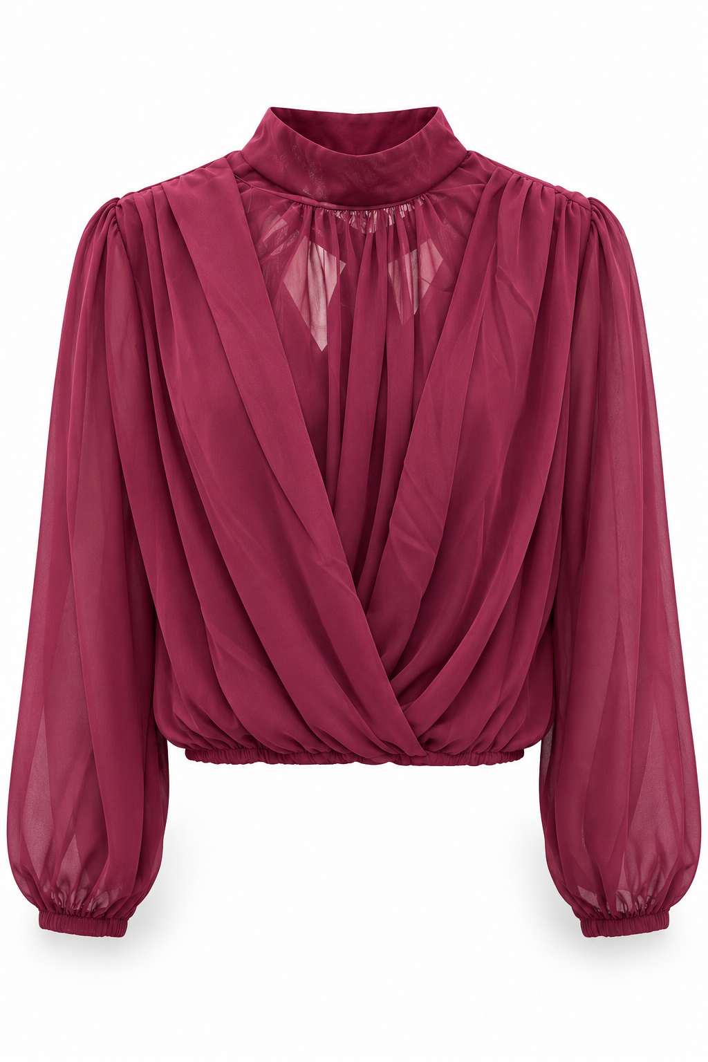 Blusa de cuello alto con delantero cruzado — granate-frente