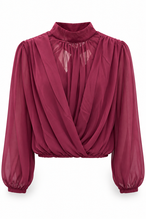 Blusa de cuello alto con delantero cruzado — granate-frente