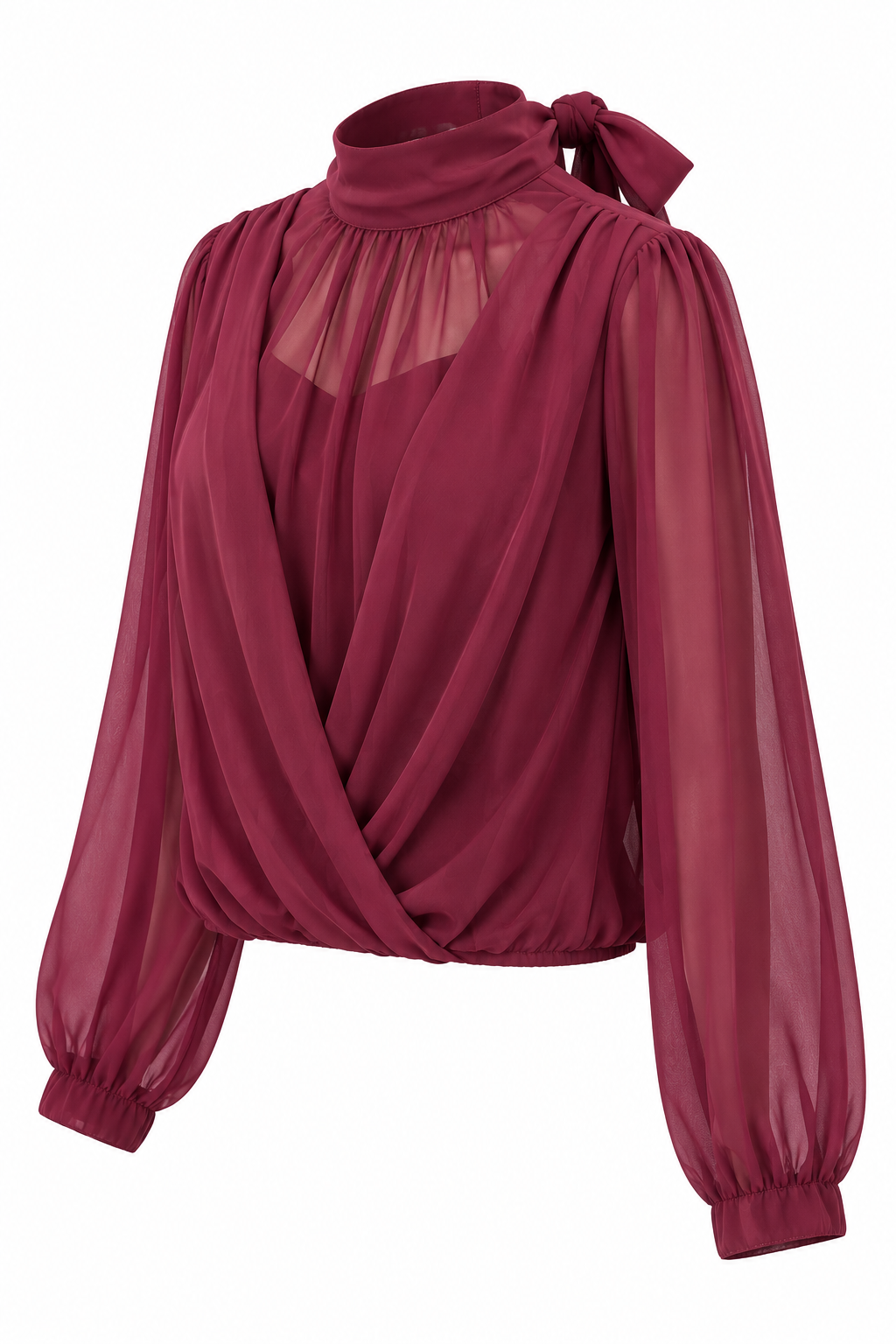 Blusa de cuello alto con delantero cruzado — granate-lateral-izquierdo