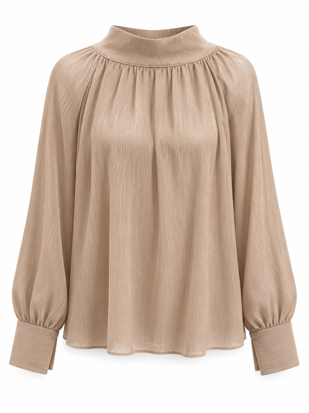 Blusa de cuello alto con lazo trasero beige — frontal
