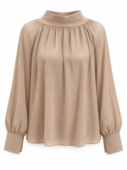 Blusa de cuello alto con lazo trasero beige — frontal