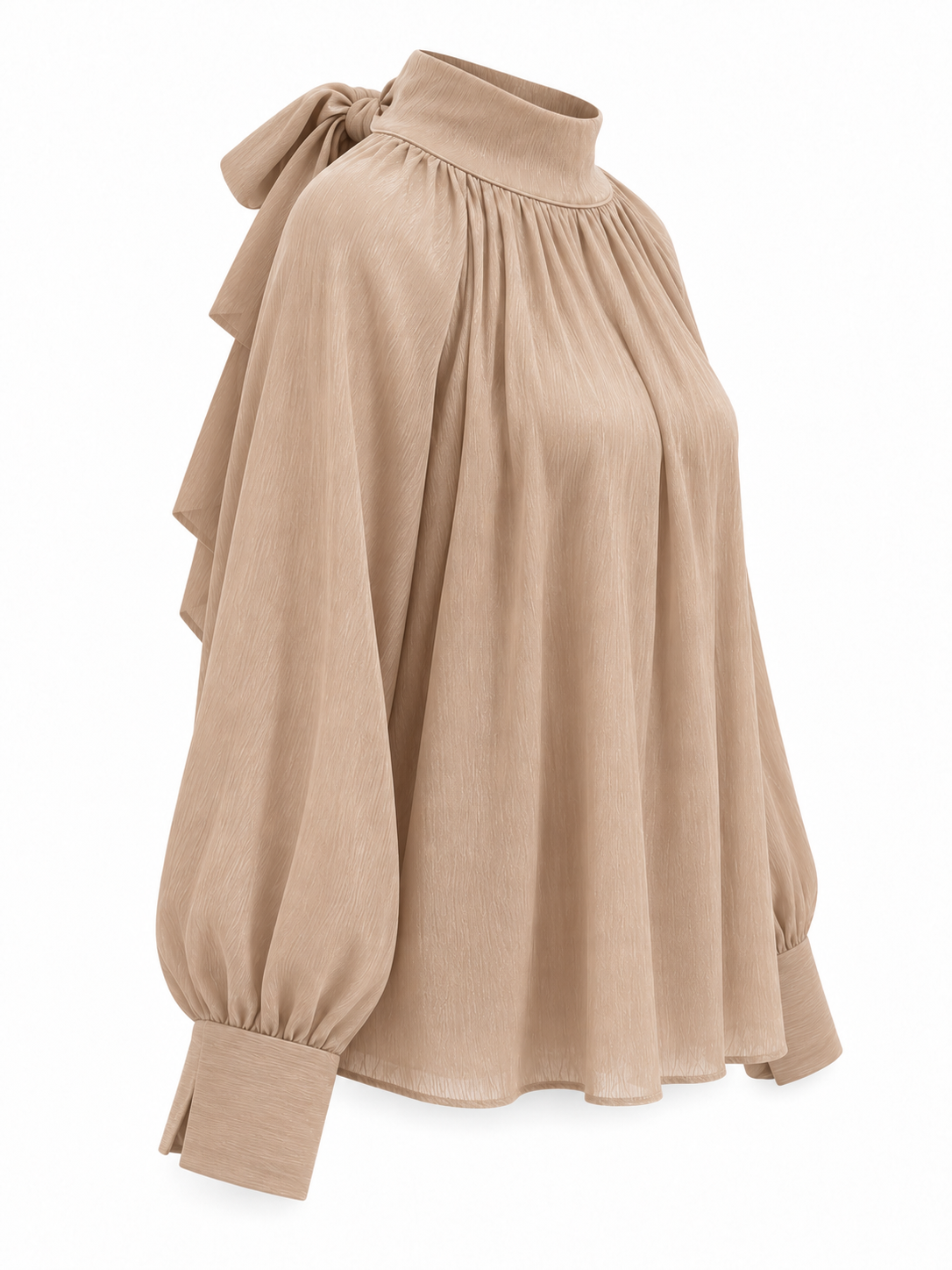 Blusa de cuello alto con lazo trasero beige — lateral-1