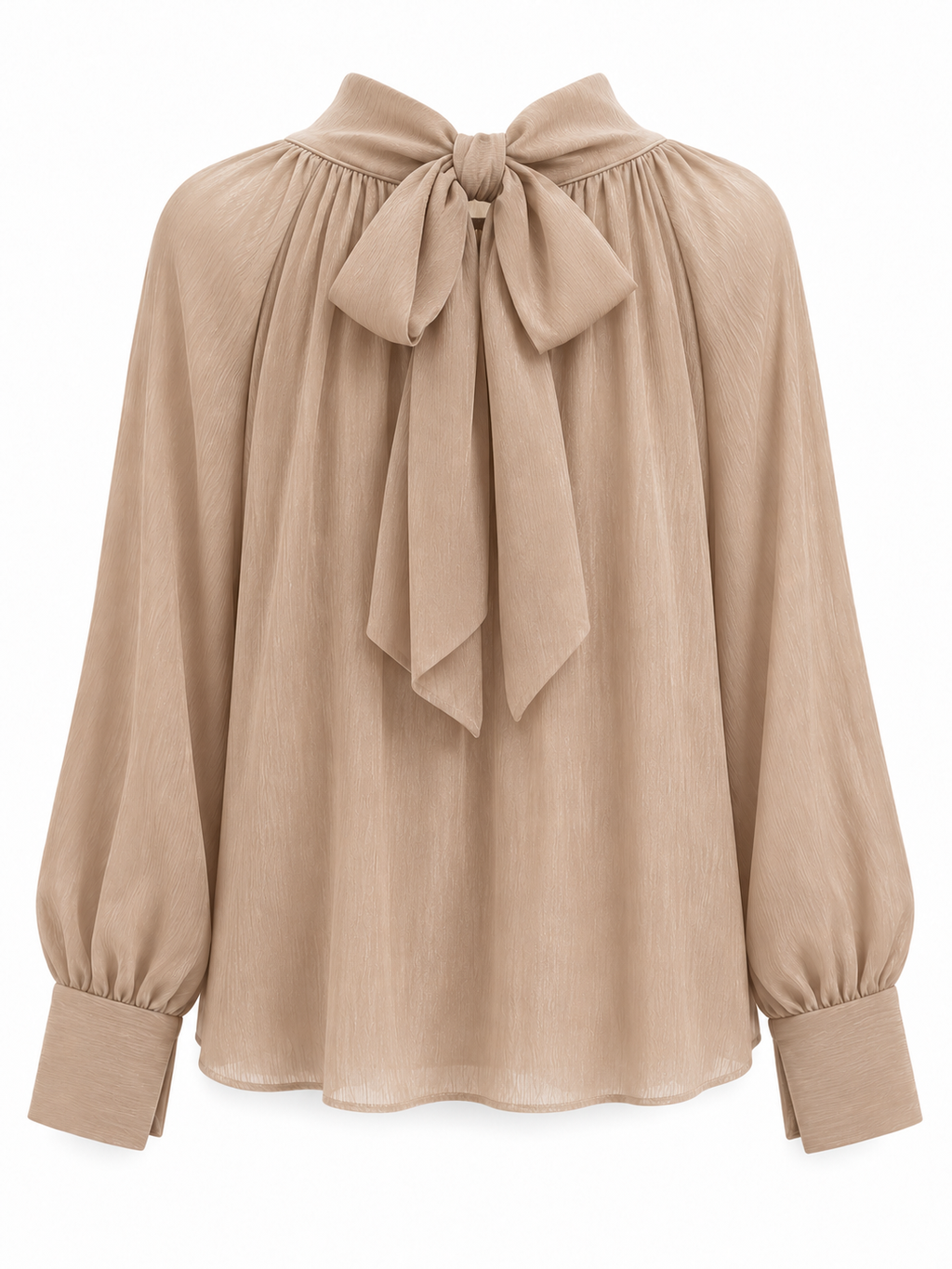 Blusa de cuello alto con lazo trasero beige — trasera