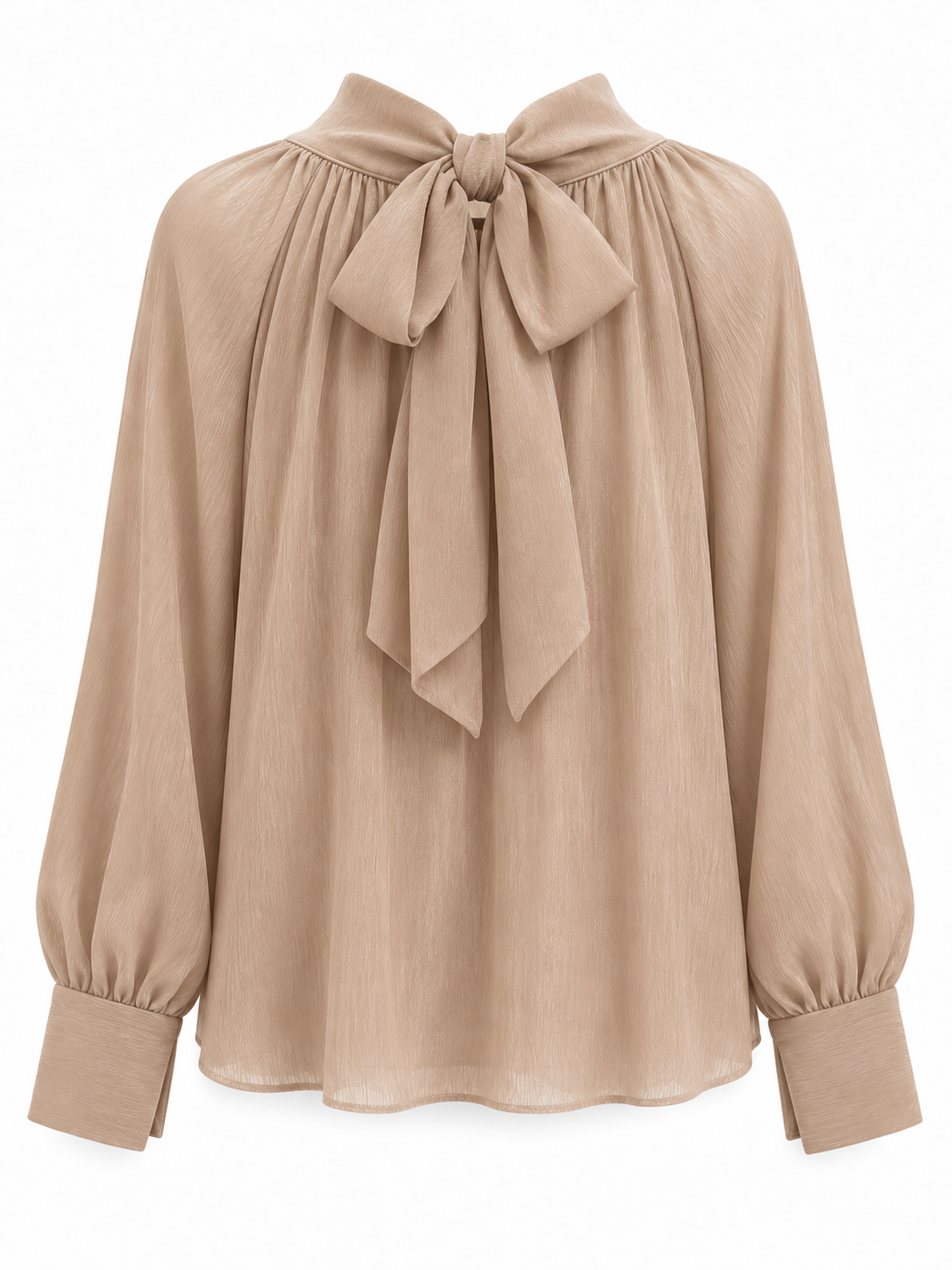 Blusa de cuello alto con lazo trasero beige — trasera