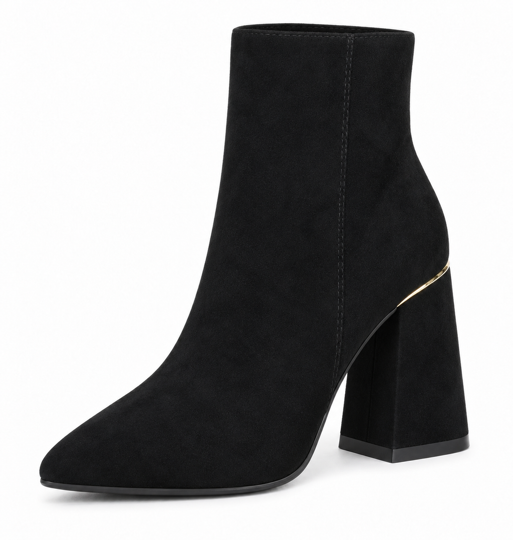 Botines negros de antelina con filo dorado — frontal