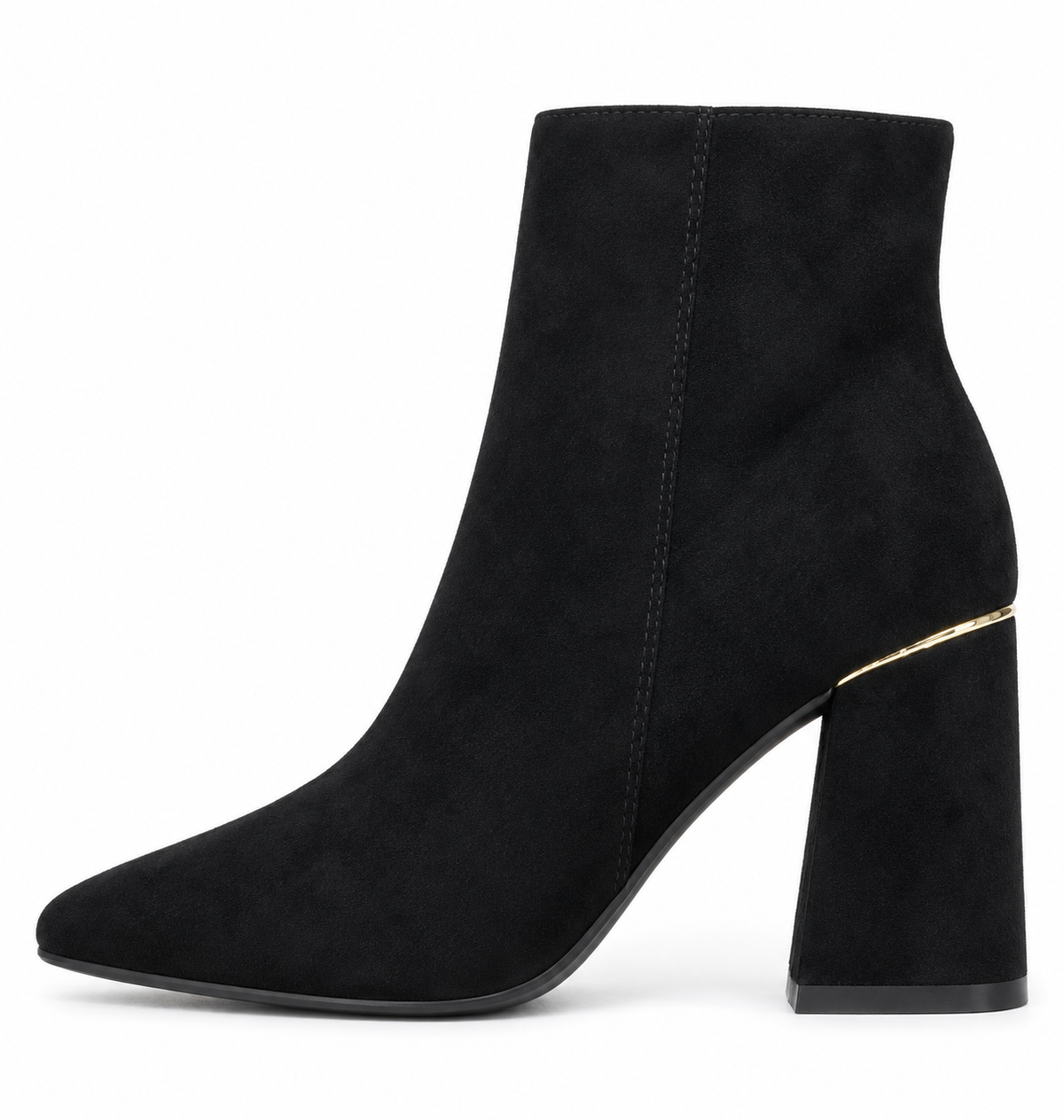 Botines negros de antelina con filo dorado — lateral