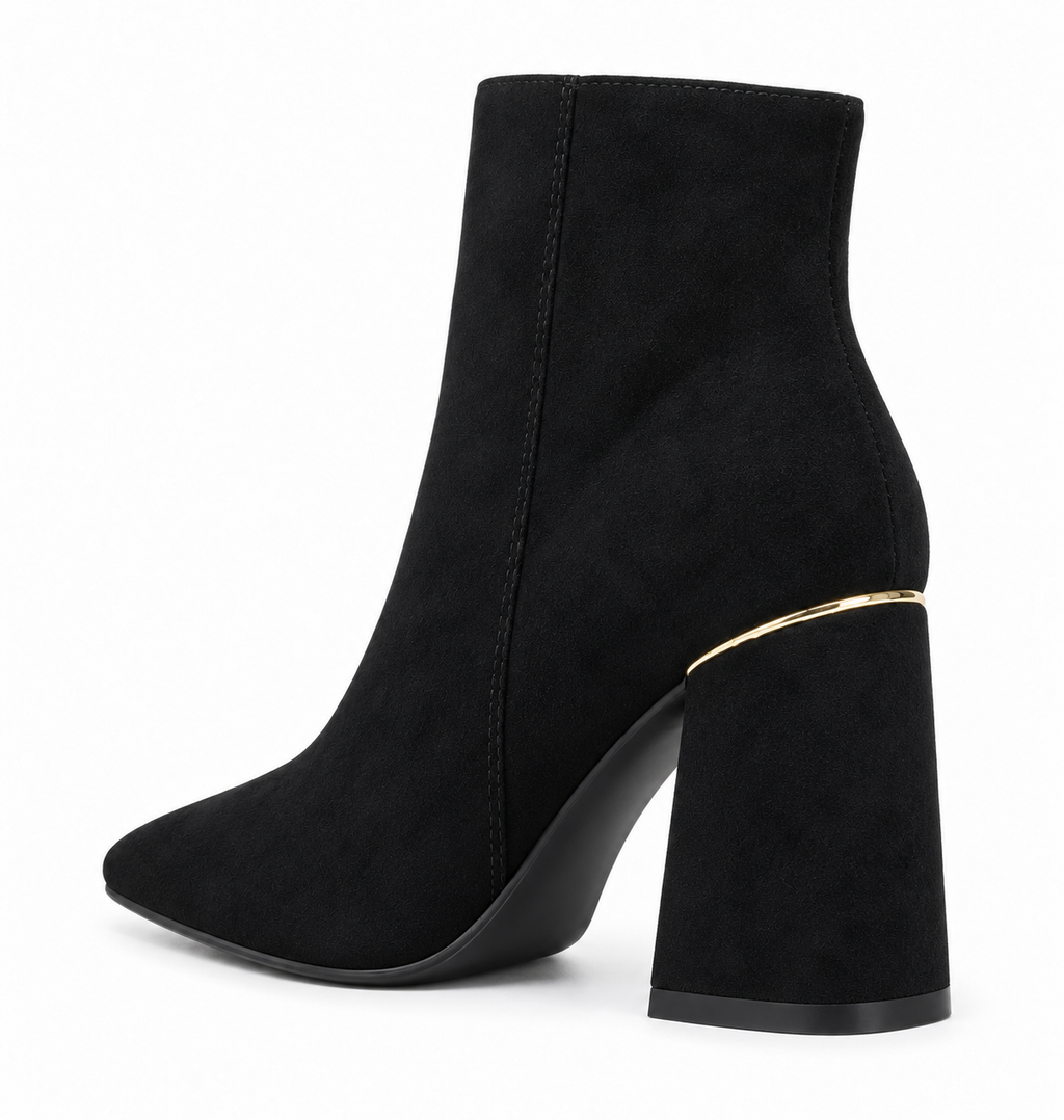 Botines negros de antelina con filo dorado — trasera