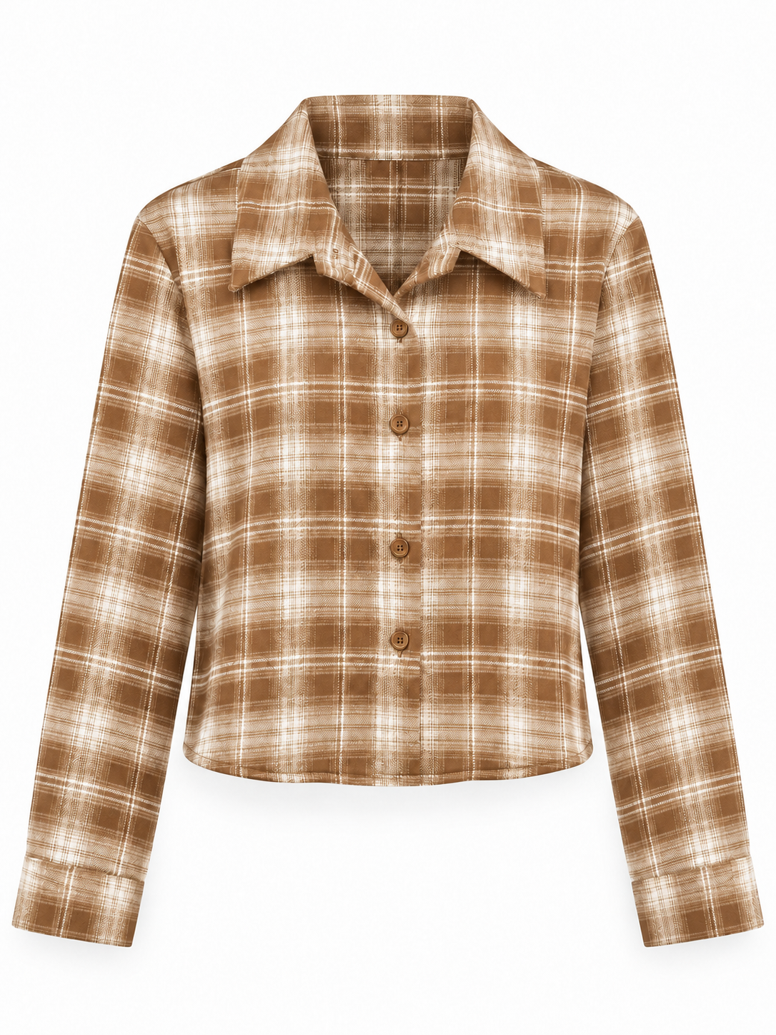 Camisa corta de cuadros camel, beige y blancos, vista frontal