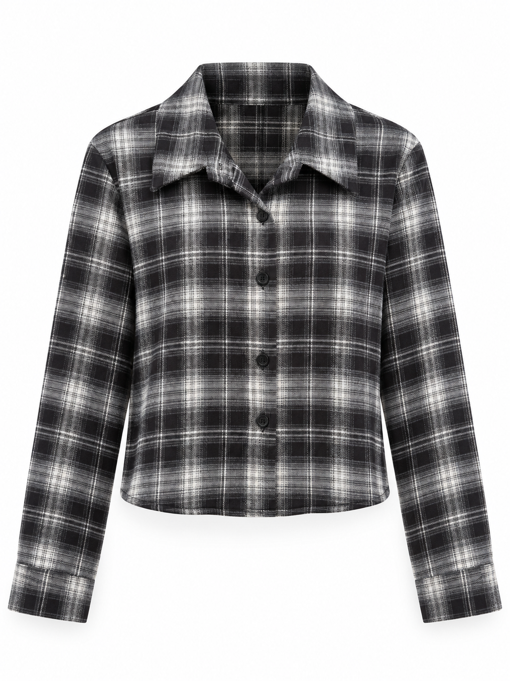 Camisa corta de cuadros negros, grises y blancos, vista frontal