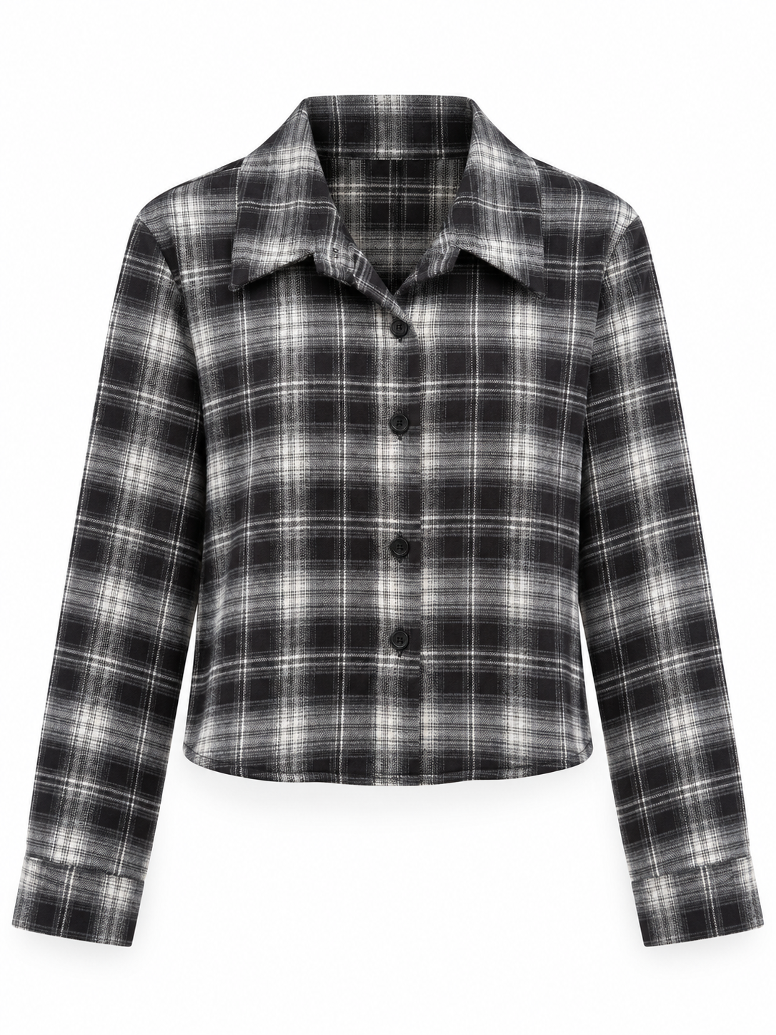 Camisa corta de cuadros negros, grises y blancos, vista frontal