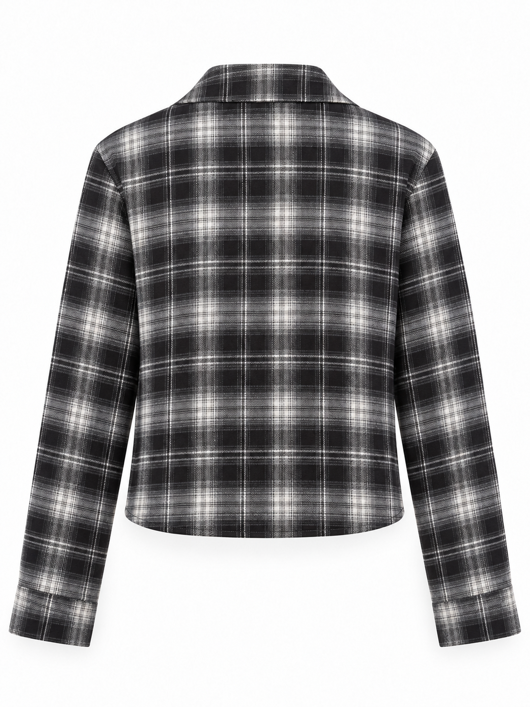 Camisa corta de cuadros negros, grises y blancos, vista trasera