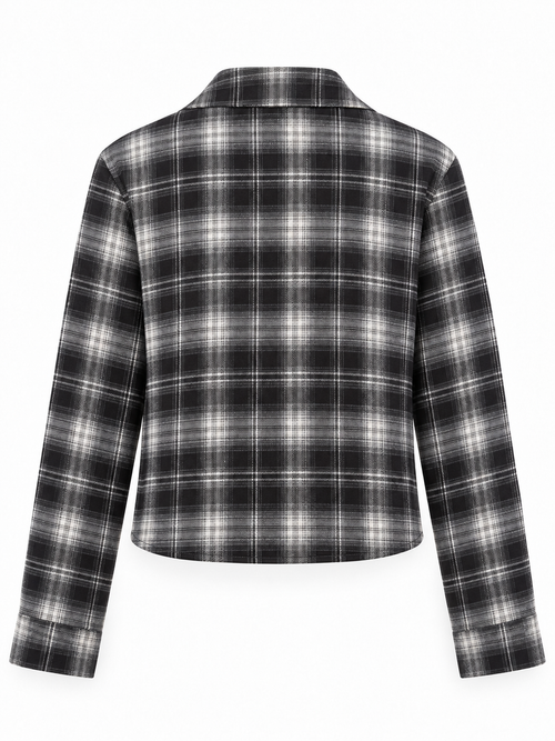 Camisa corta de cuadros negros, grises y blancos, vista trasera