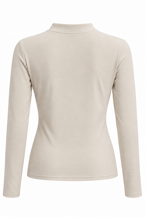 Camiseta lisa con flores en el escote — beige-espalda