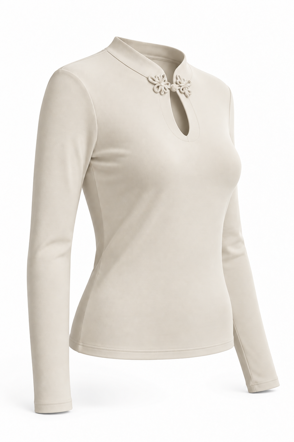 Camiseta lisa con flores en el escote — beige-lateral-derecho