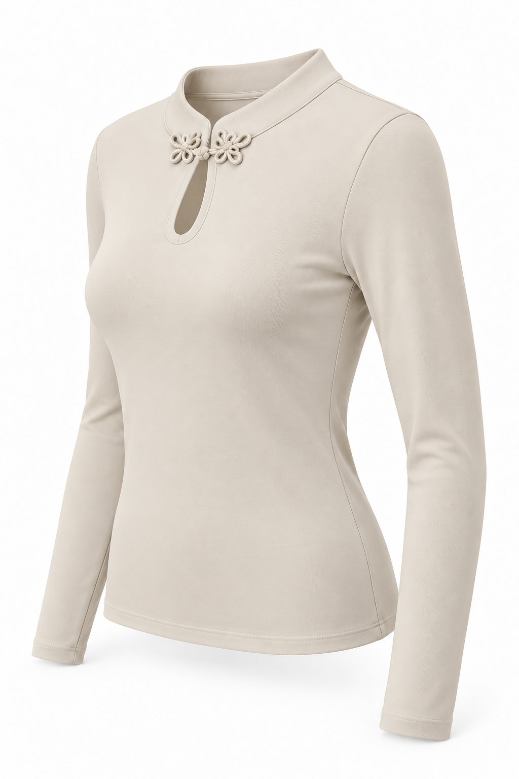 Camiseta lisa con flores en el escote — beige-lateral-izquierdo