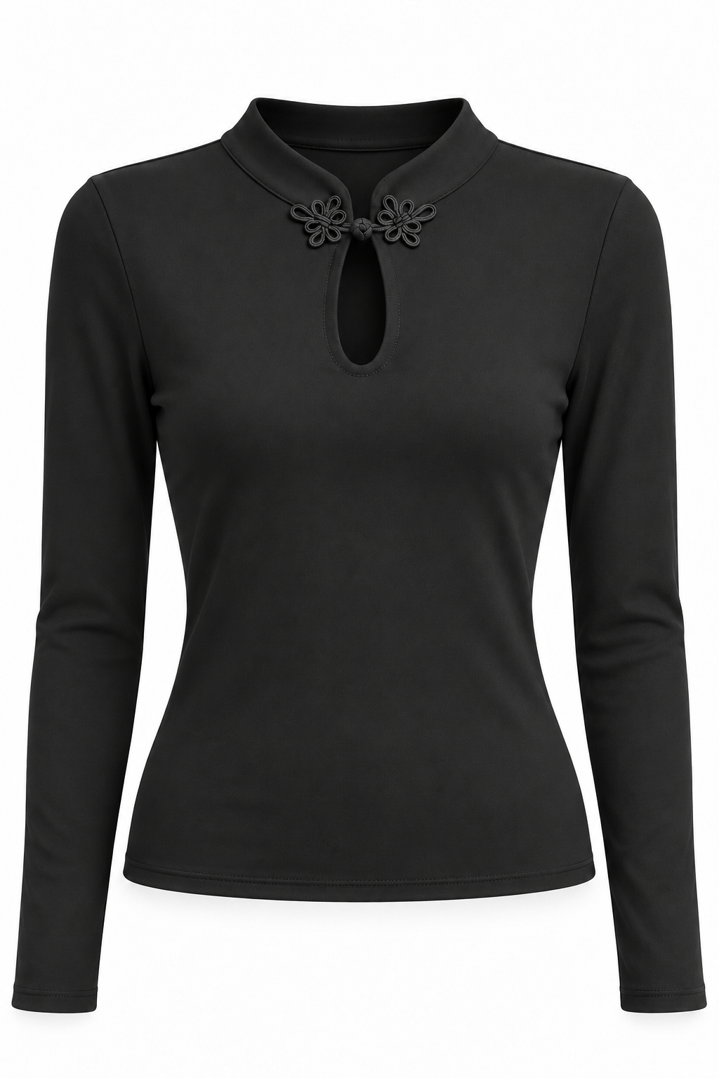 Camiseta lisa con flores en el escote — negro-frente