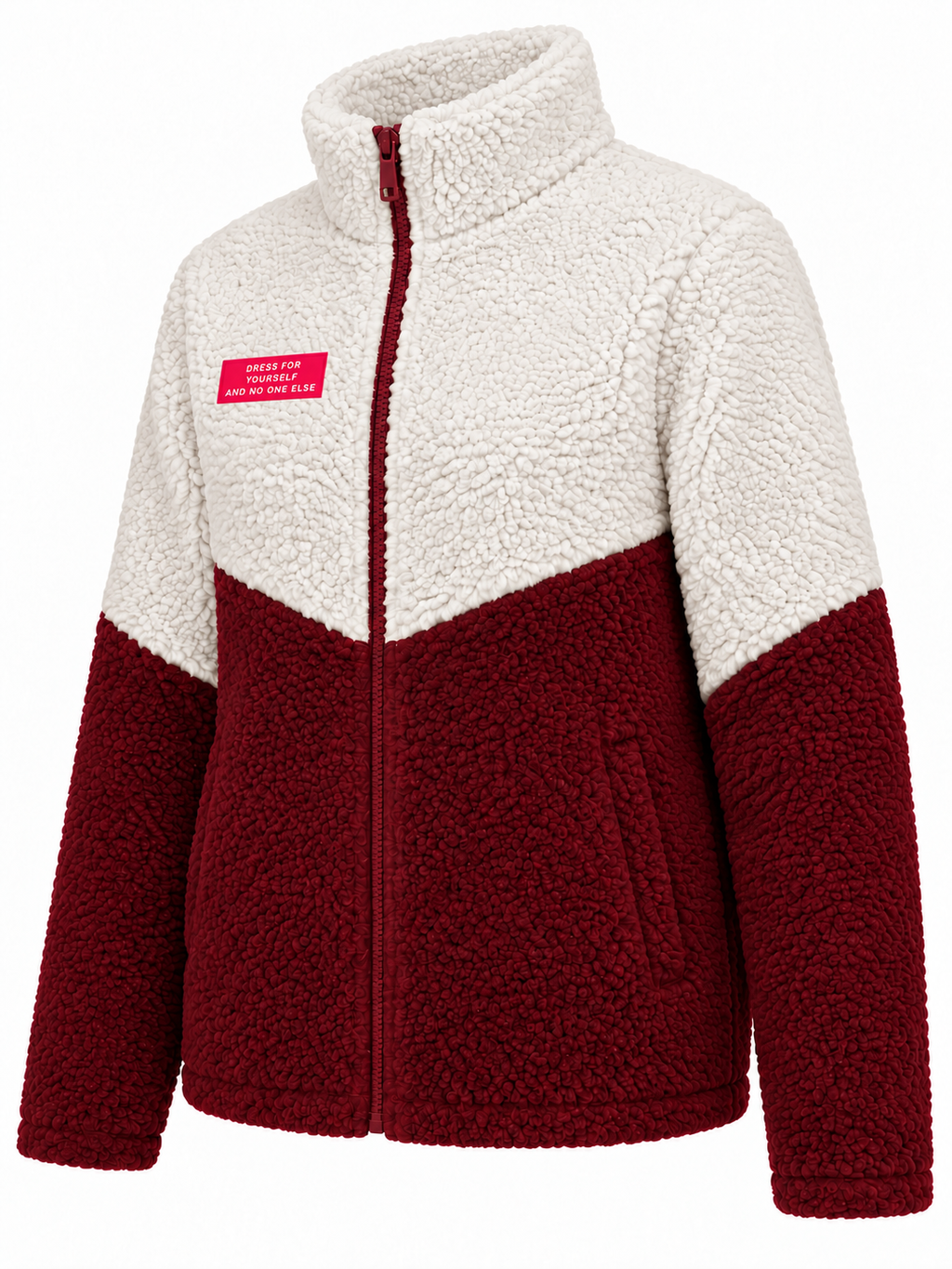 Chaqueta de borreguito blanco roto y burdeos — lateral izquierdo