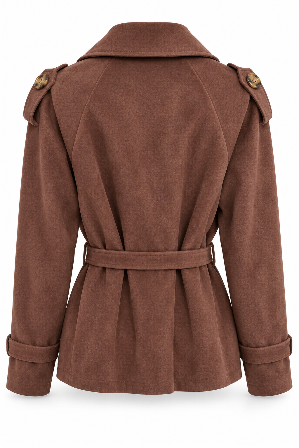 Chaqueta marrón chocolate con solapas y cinturón — espalda
