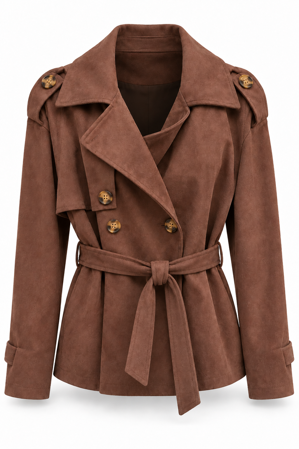 Chaqueta marrón chocolate con solapas y cinturón — frente