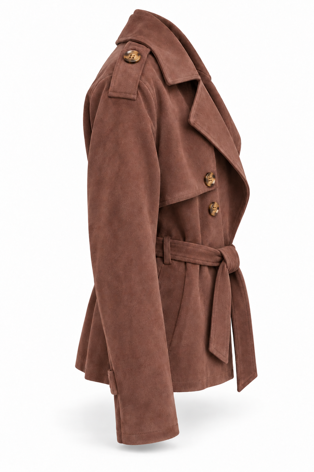 Chaqueta marrón chocolate con solapas y cinturón — lateral-derecho