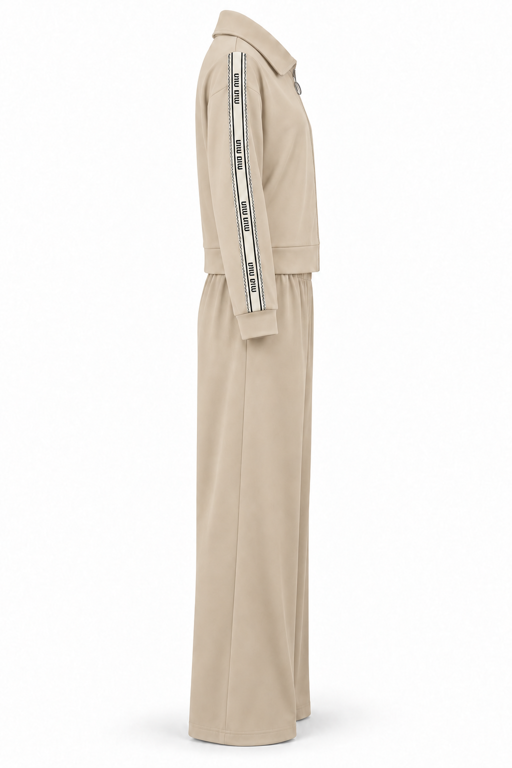 Conjunto de chaqueta con cremallera y pantalón beige — lateral-1