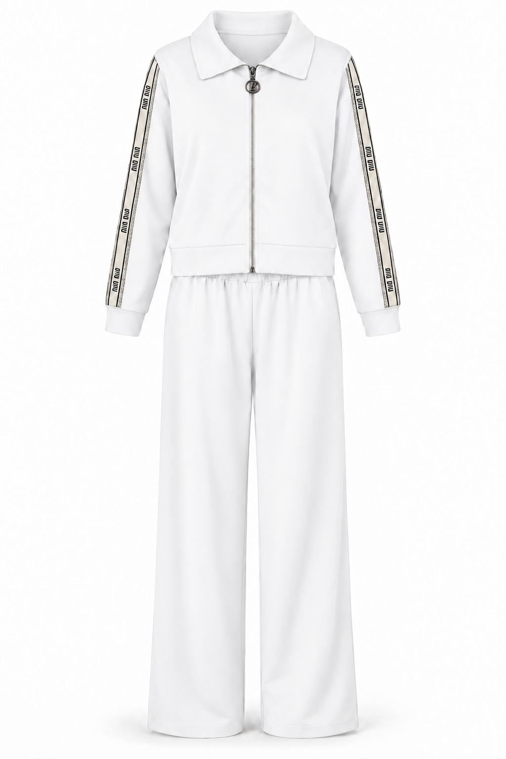 Conjunto de chaqueta con cremallera y pantalón blanco — frontal