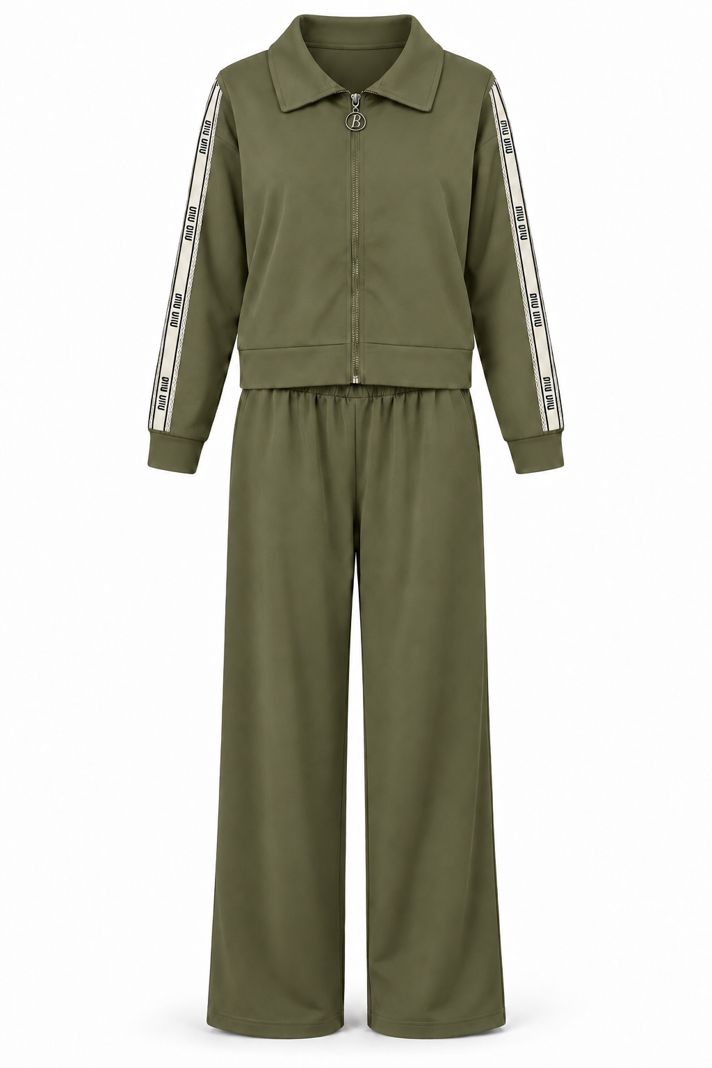 Conjunto de chaqueta con cremallera y pantalón verde kaki — frontal