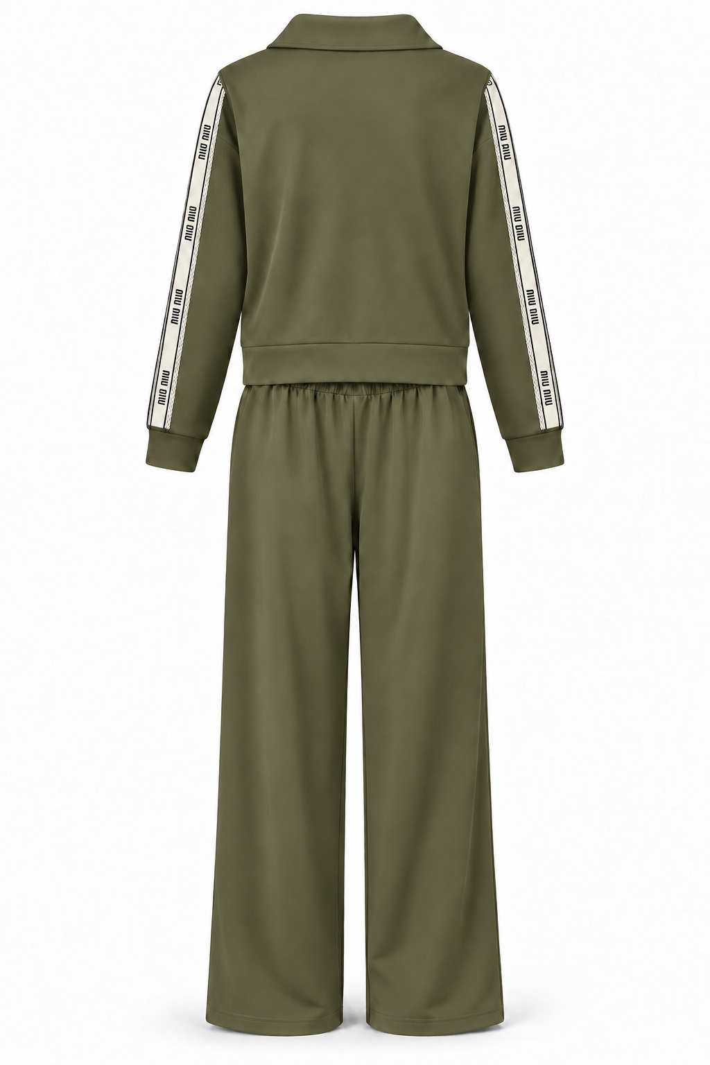 Conjunto de chaqueta con cremallera y pantalón verde kaki — trasera