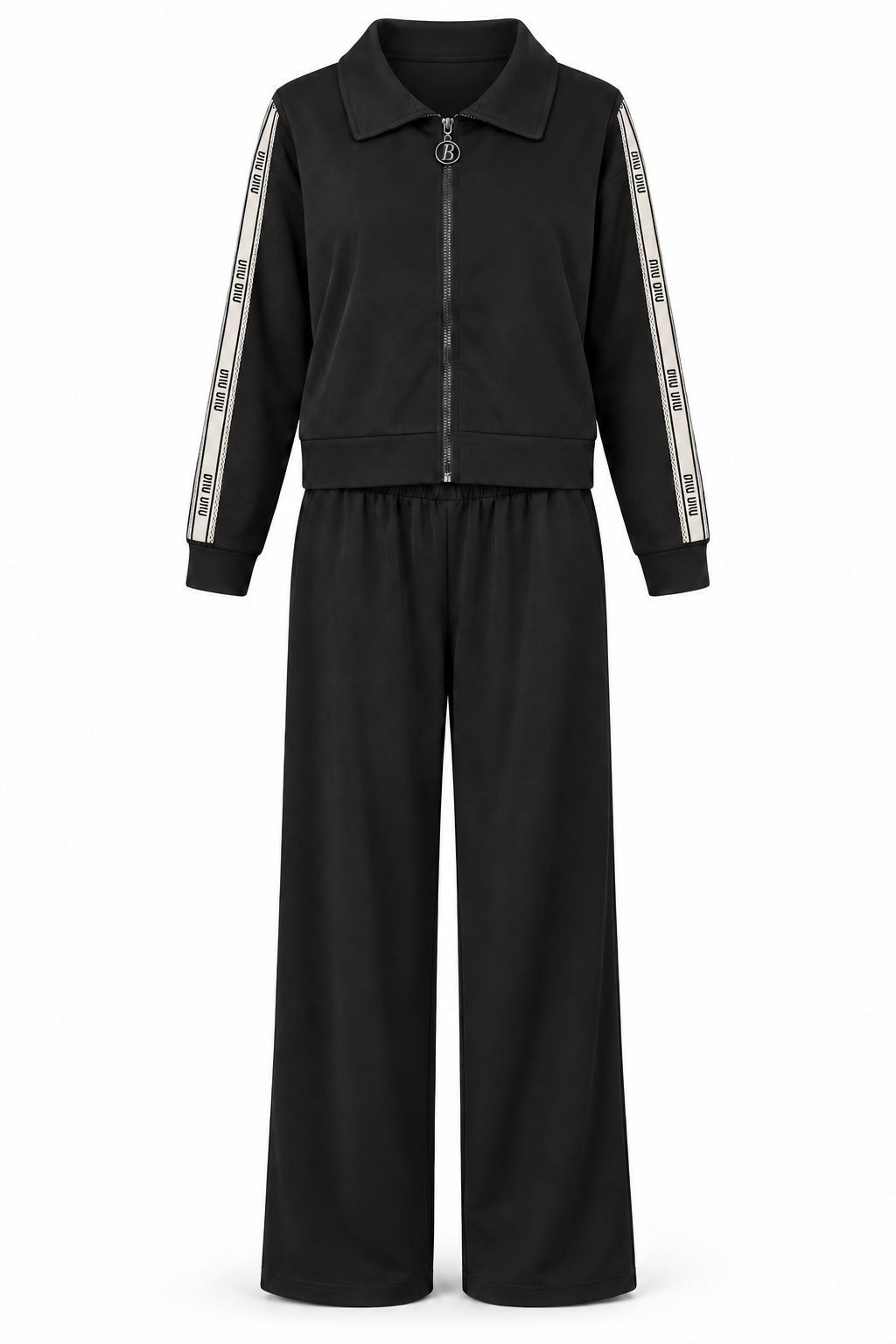 Conjunto de chaqueta con cremallera y pantalón negro — frontal