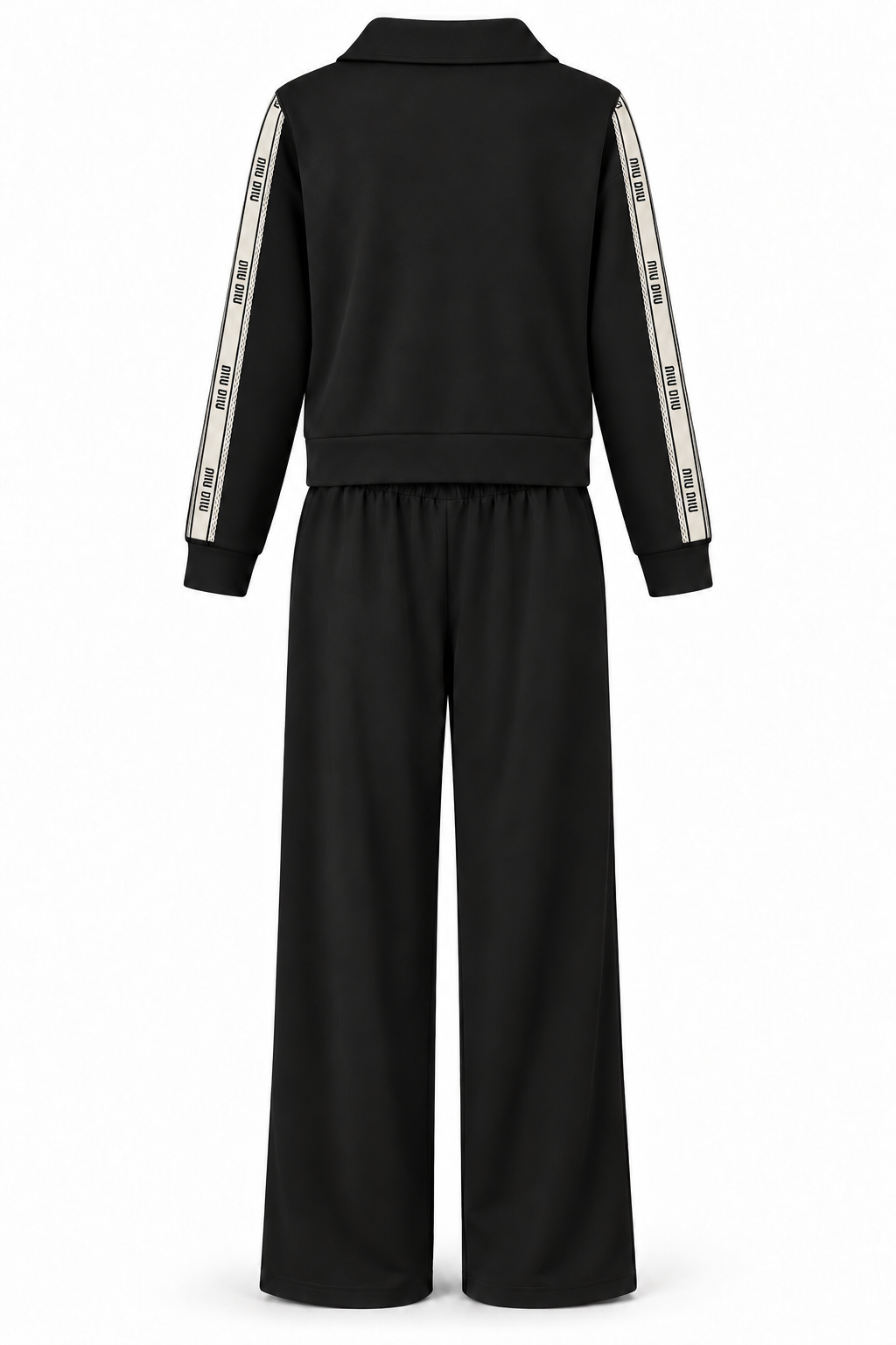 Conjunto de chaqueta con cremallera y pantalón negro — trasera