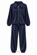Conjunto de blusa con cremallera y pantalón — Azul marino — frontal