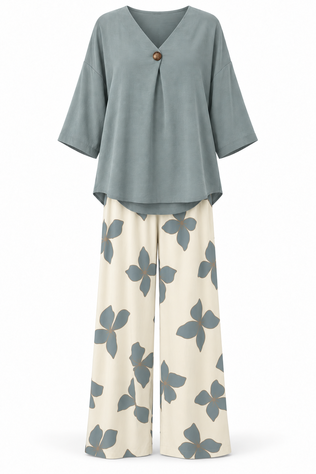 Conjunto de blusa y pantalón de flores azul — frontal