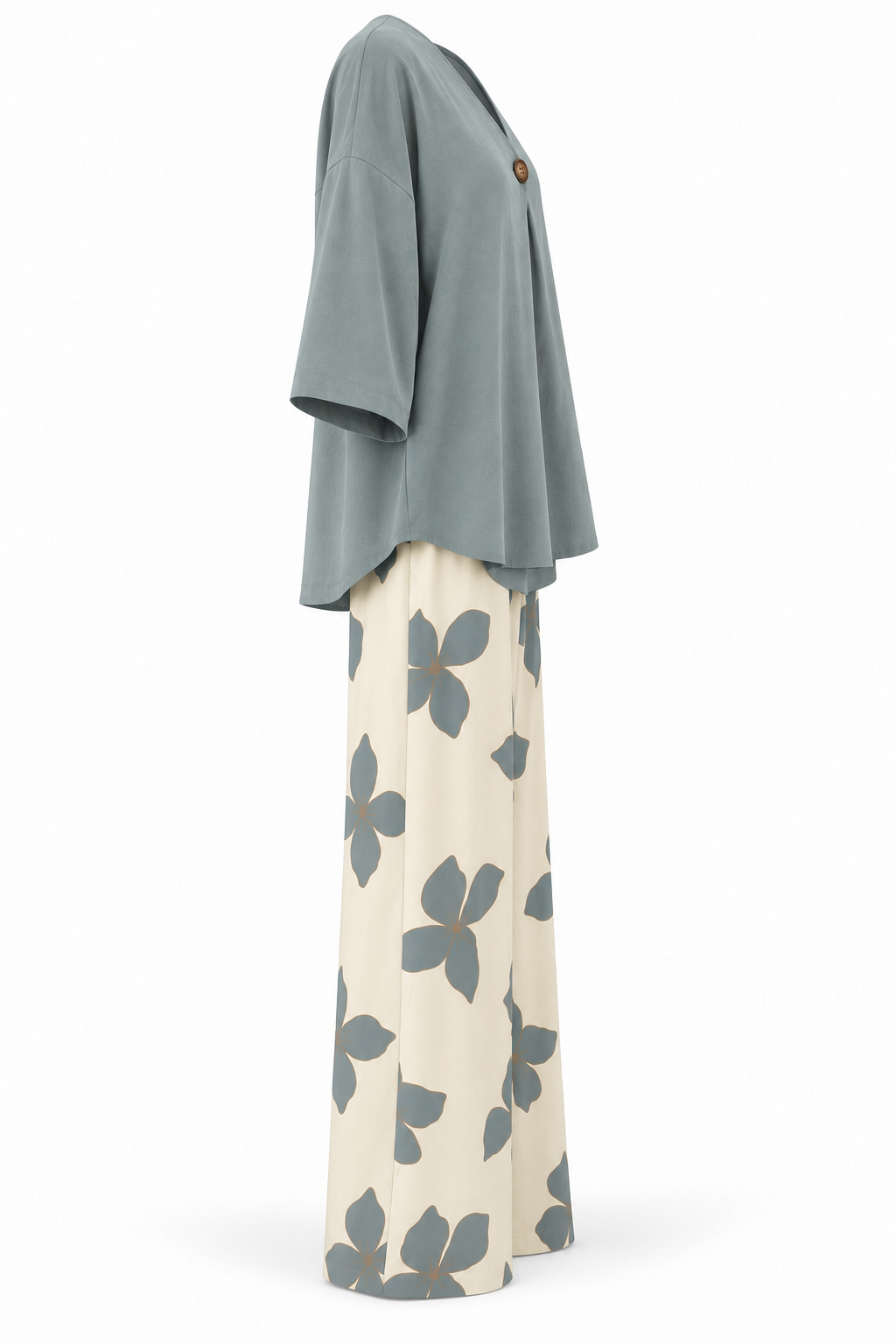 Conjunto de blusa y pantalón de flores azul — lateral-1
