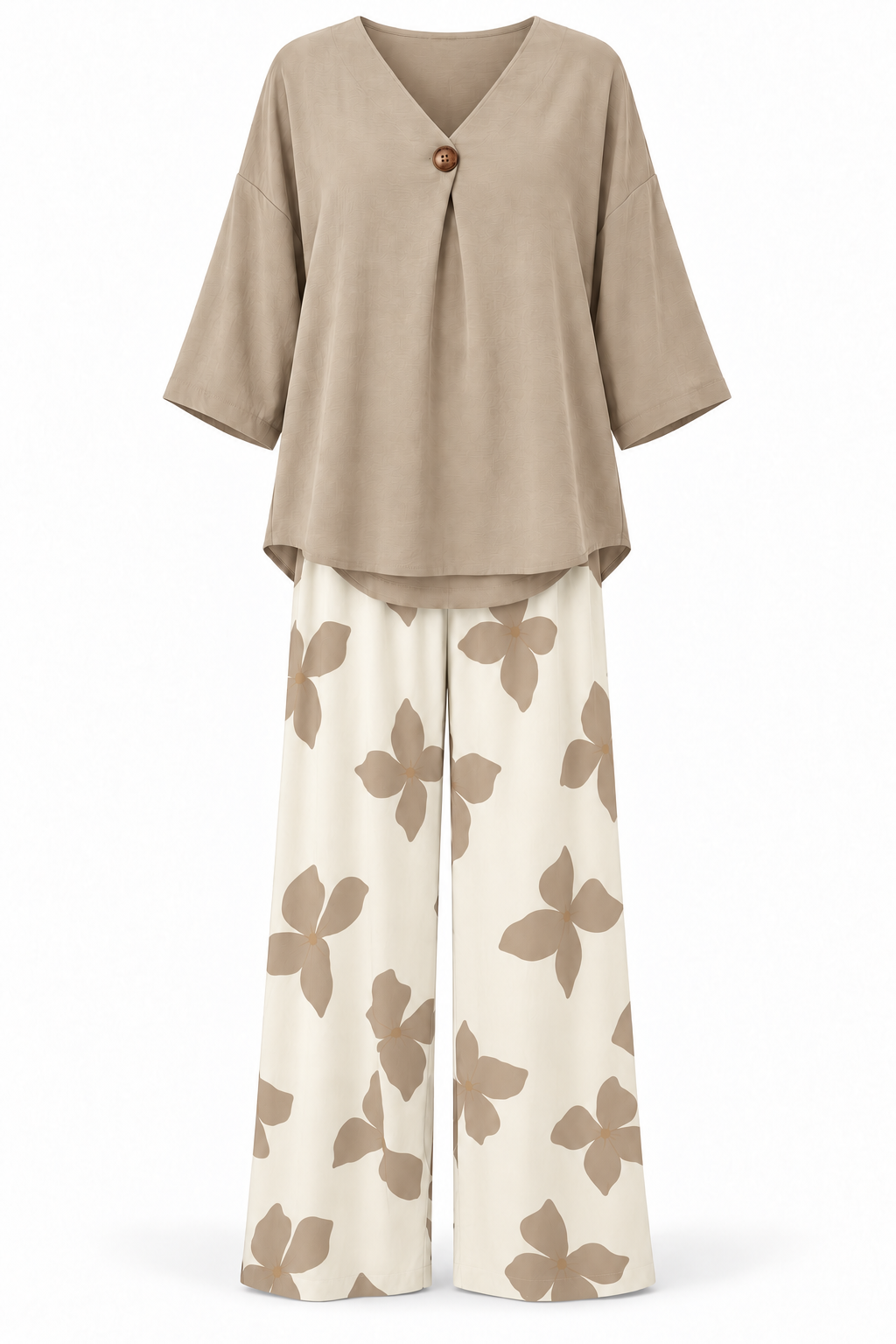 Conjunto de blusa y pantalón de flores beige — frontal