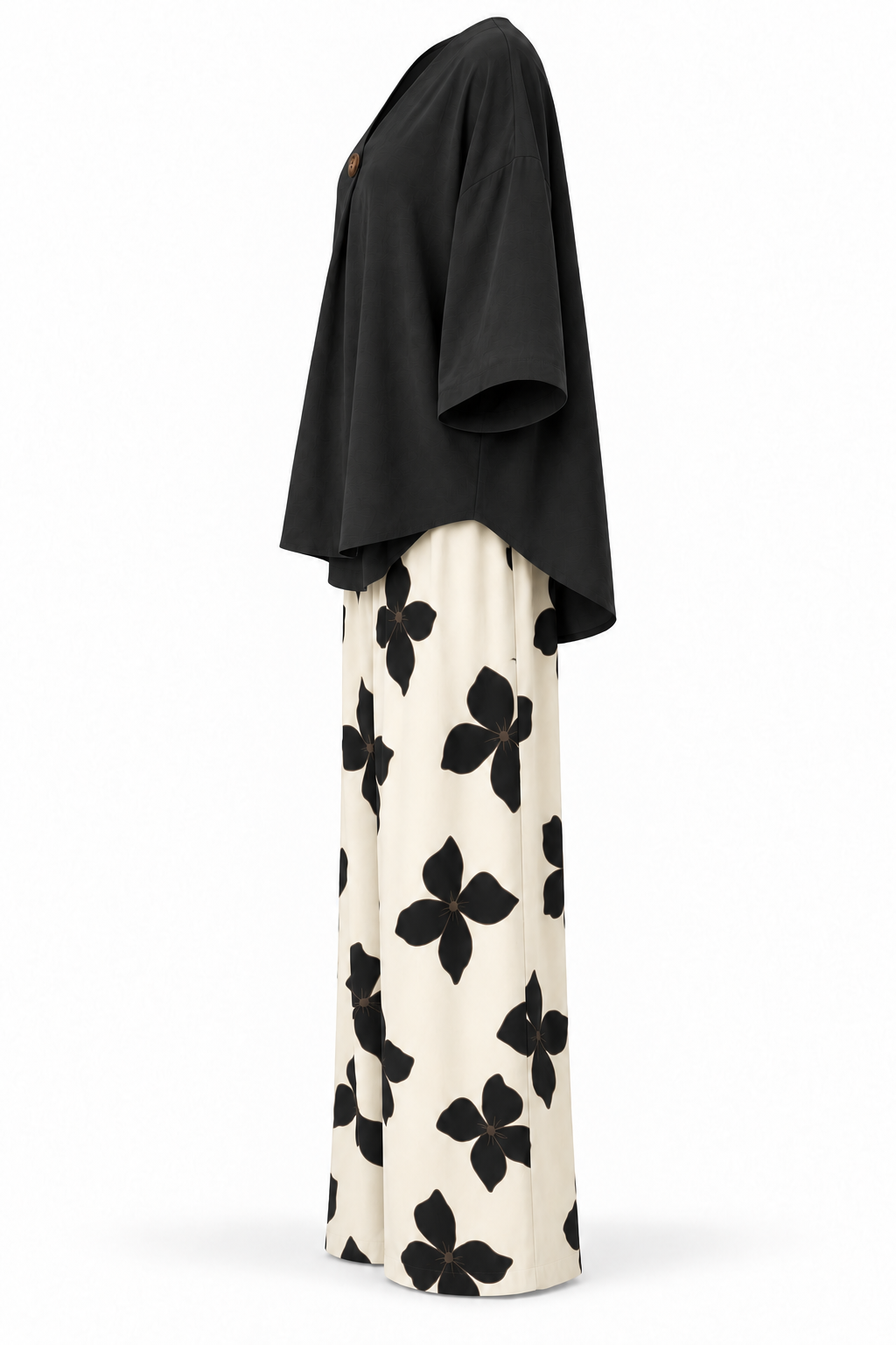 Conjunto de blusa y pantalón de flores negro — lateral-2