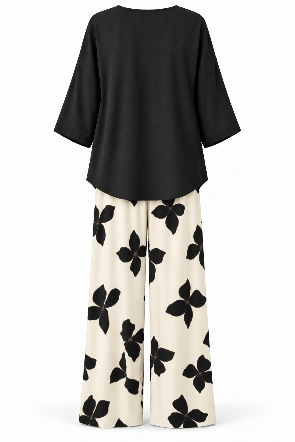 Conjunto de blusa y pantalón de flores negro — trasera
