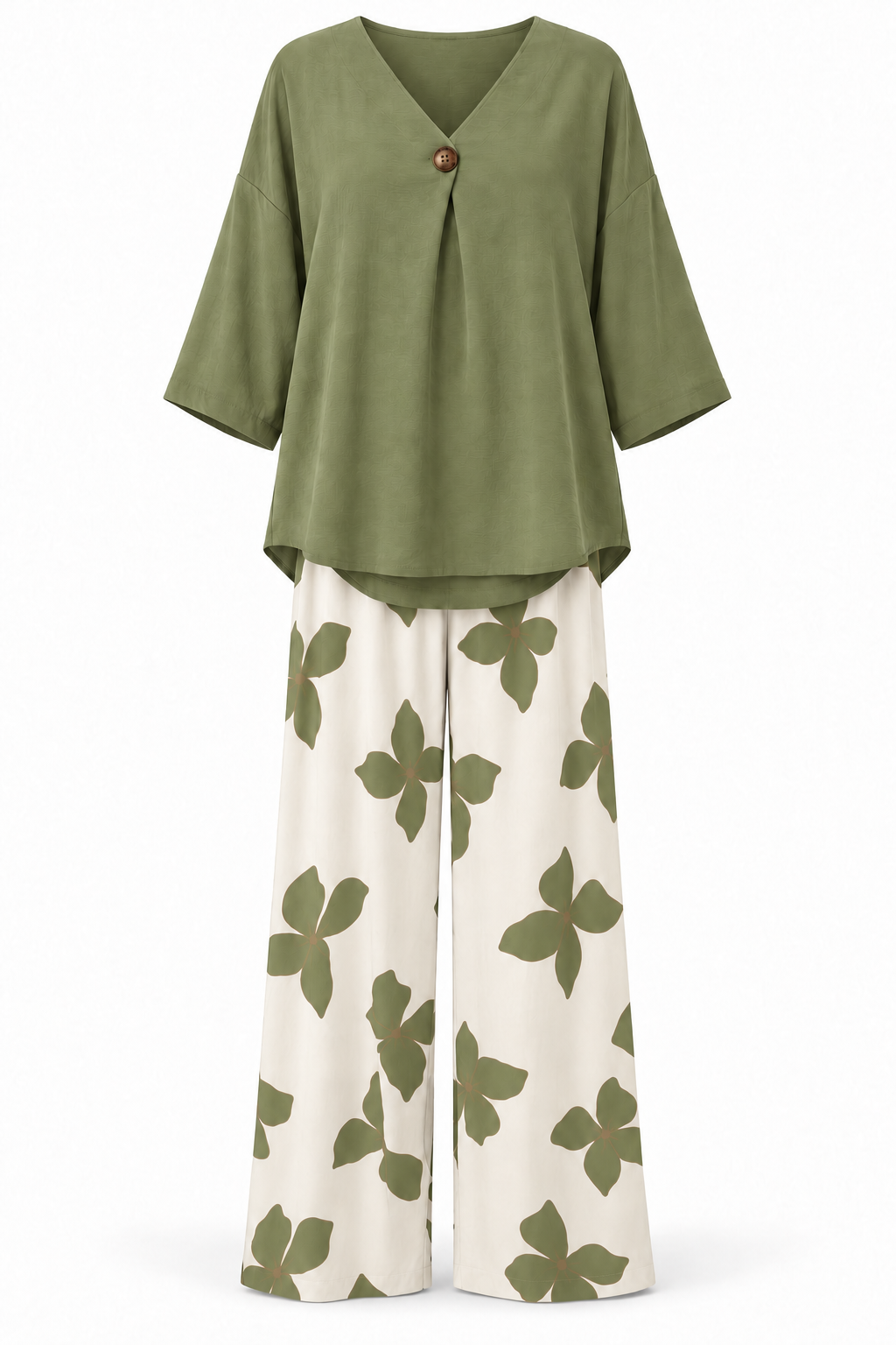 Conjunto de blusa y pantalón de flores verde oliva — frontal