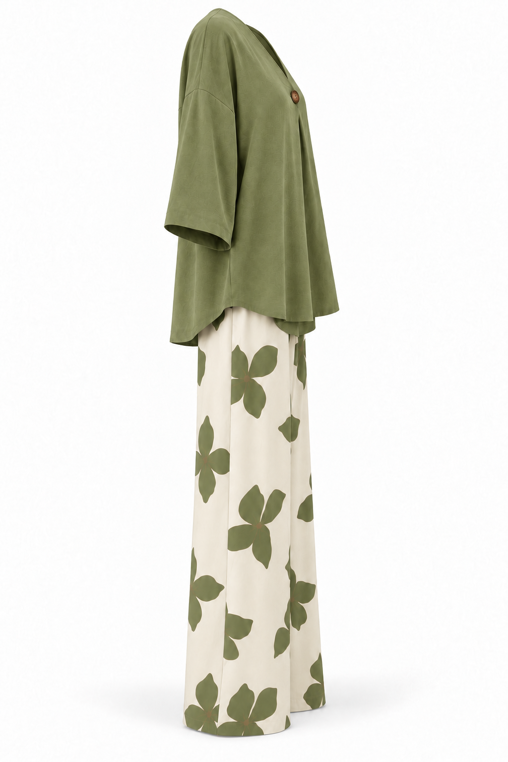 Conjunto de blusa y pantalón de flores verde oliva — lateral-1
