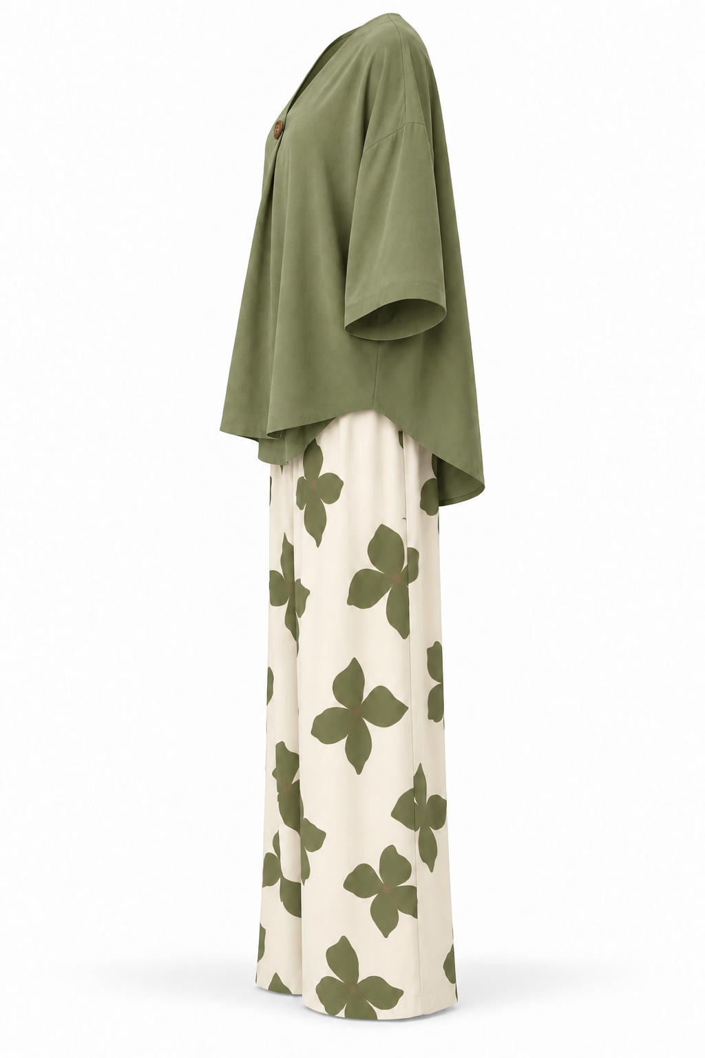 Conjunto de blusa y pantalón de flores verde oliva — lateral-2