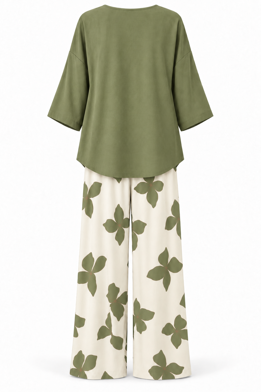 Conjunto de blusa y pantalón de flores verde oliva — trasera