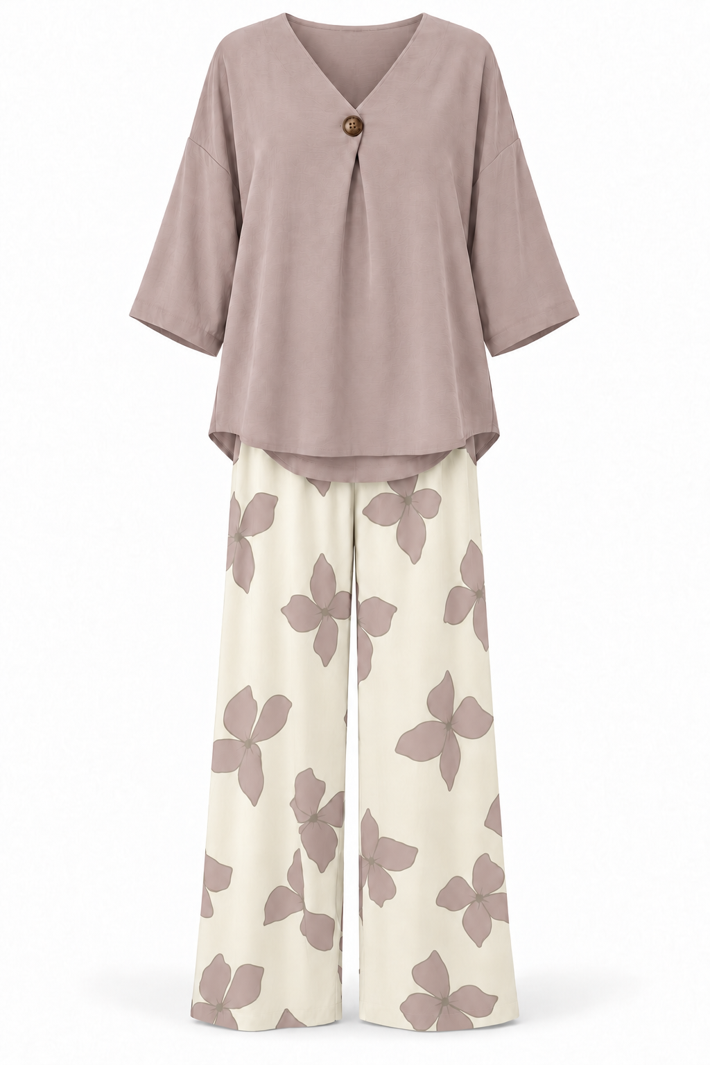 Conjunto de blusa y pantalón de flores rosa empolvado — frontal