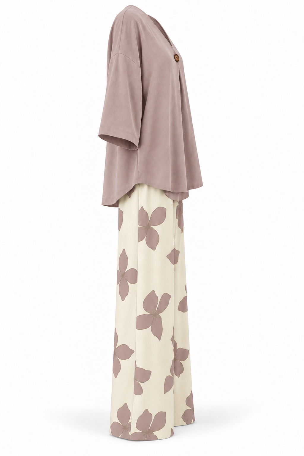 Conjunto de blusa y pantalón de flores rosa empolvado — lateral-1