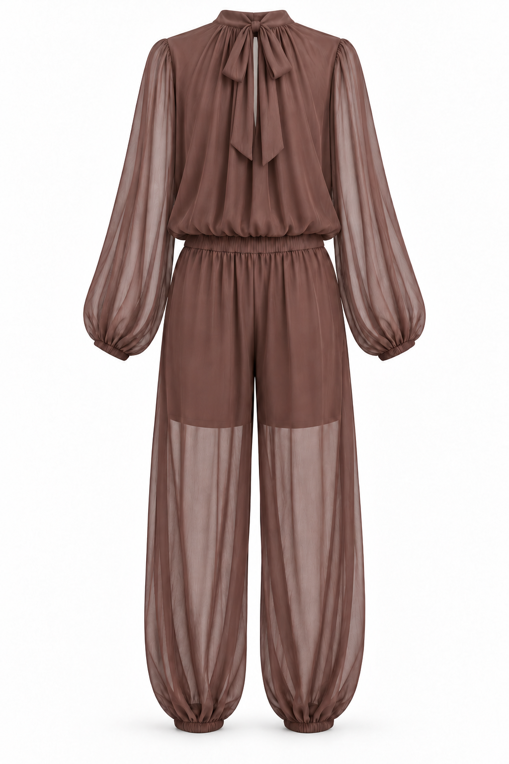 Conjunto marrón con mangas transparentes y pantalón con forro corto — espalda