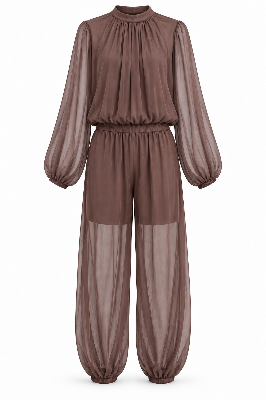 Conjunto marrón con mangas transparentes y pantalón con forro corto — frente