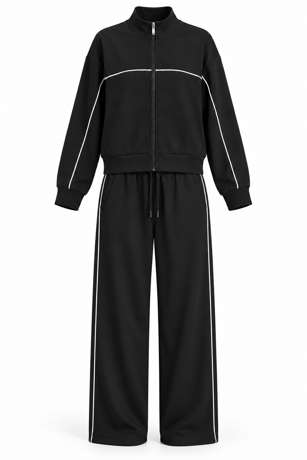 Conjunto con cremallera y líneas blancas negro — frontal
