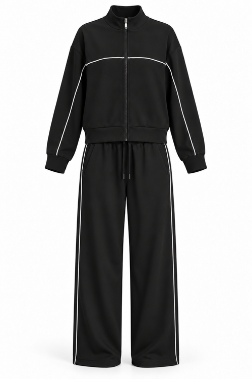 Conjunto con cremallera y líneas blancas negro — frontal