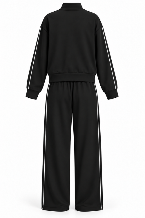 Conjunto con cremallera y líneas blancas negro — trasera