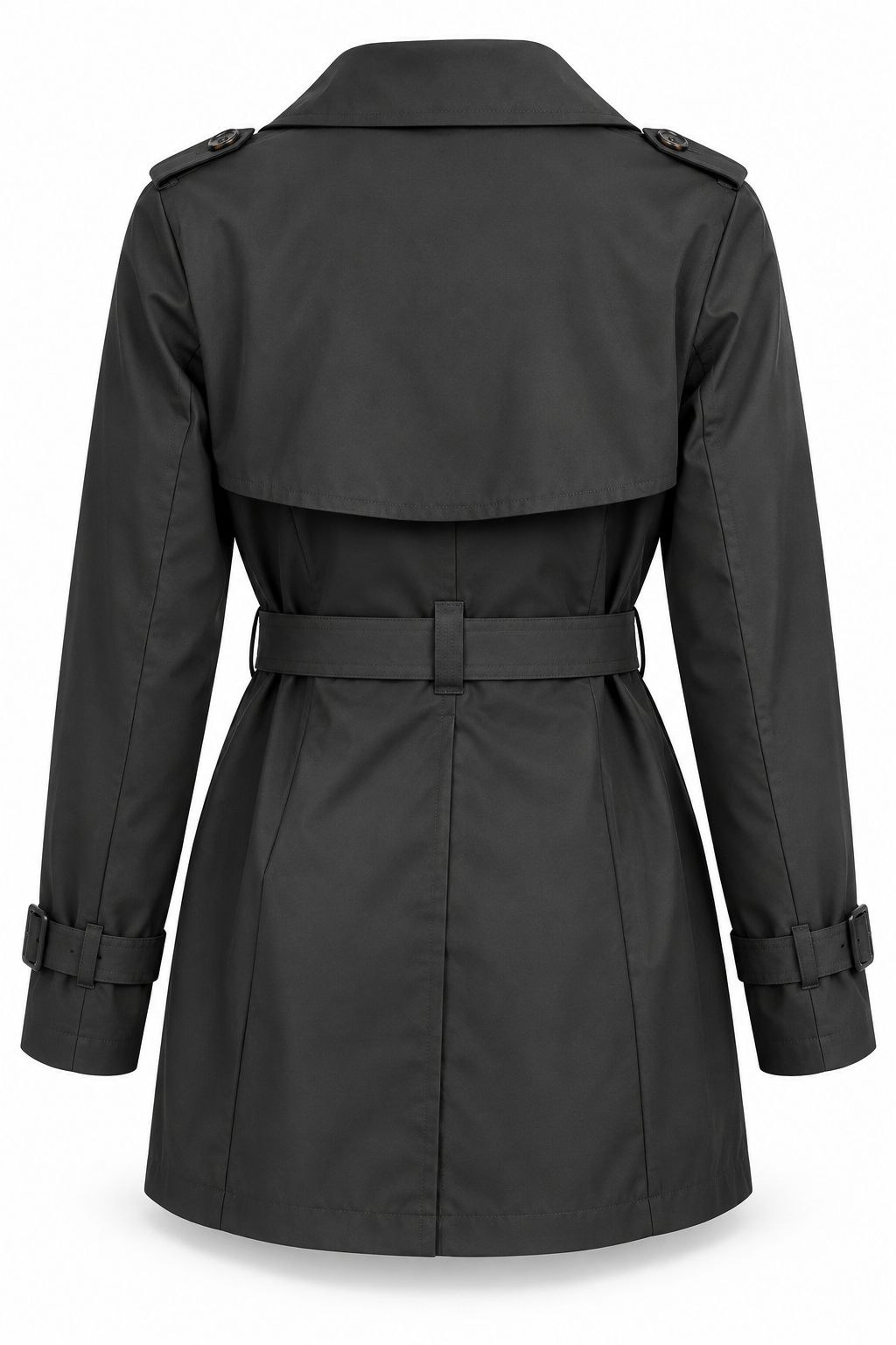 Gabardina negra con doble botonadura y cinturón — espalda